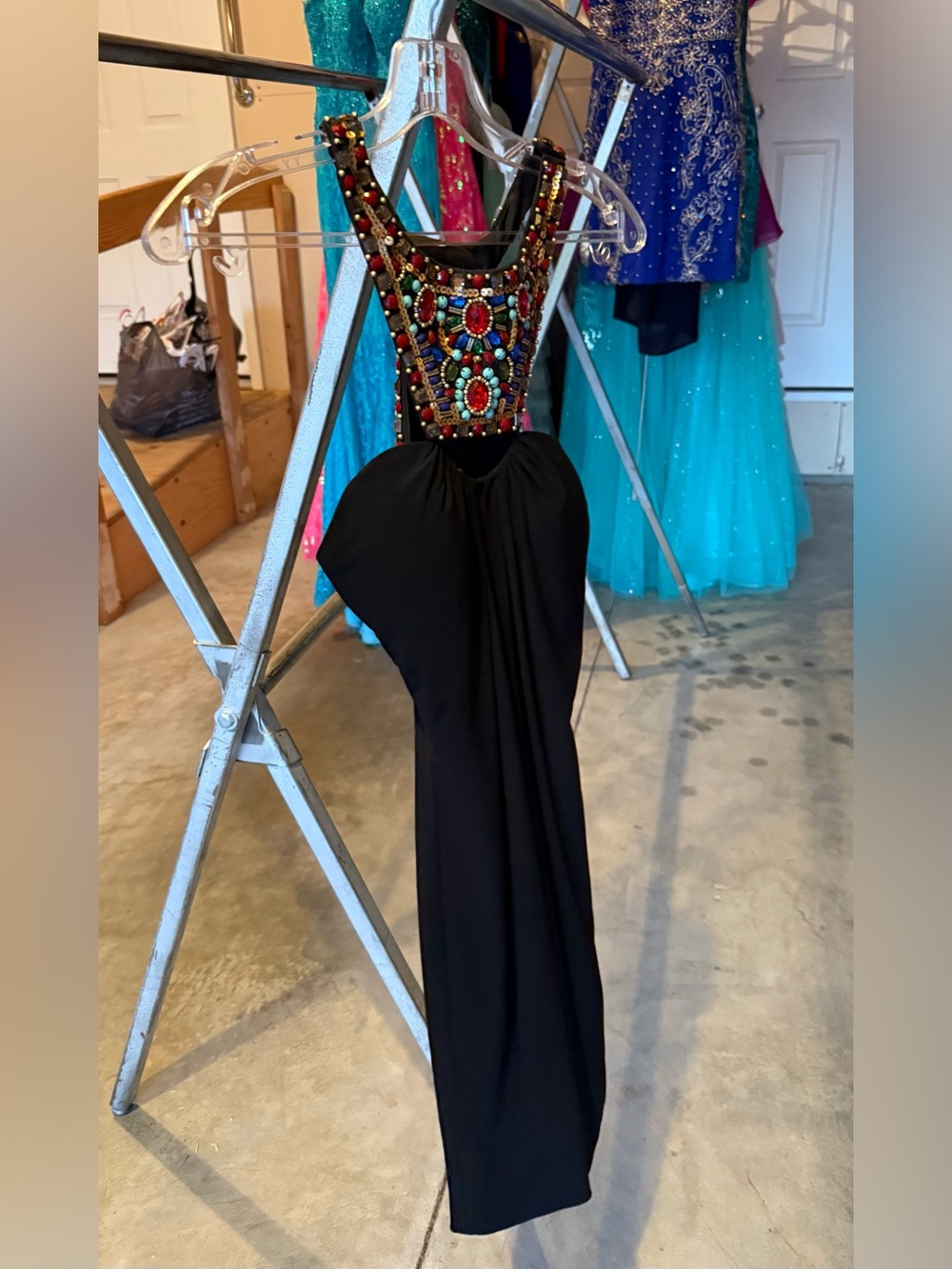 Rachel Allan Black Evening Gown with Multicolor Jeweled Bodice